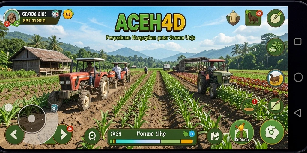 Tangkapan layar gameplay <strong>ACEH4D</strong> yang menunjukkan kebun yang luas dan aktivitas bertani.