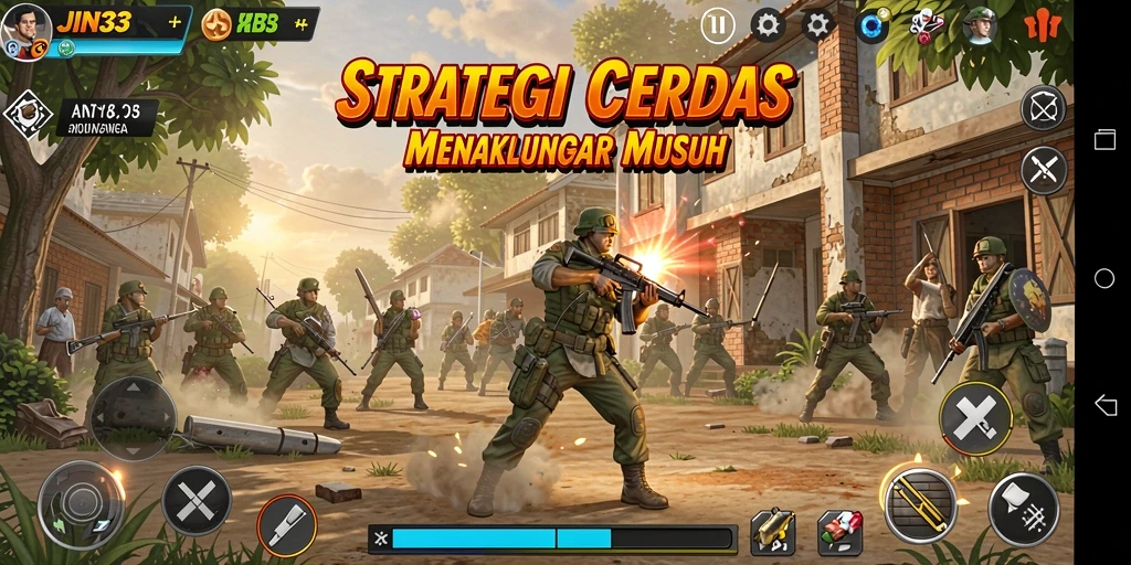 Screenshot gameplay yang menunjukkan pertempuran strategis di JIN33.