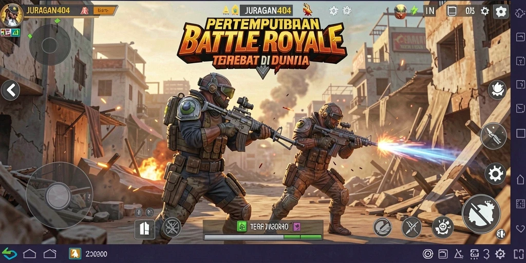 Gameplay menegangkan di JURAGAN404 dengan berbagai aksi pertempuran.