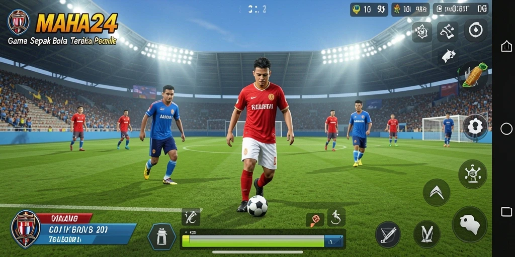 Screenshot gameplay MAHA24 menampilkan aksi menegangkan di lapangan sepak bola.