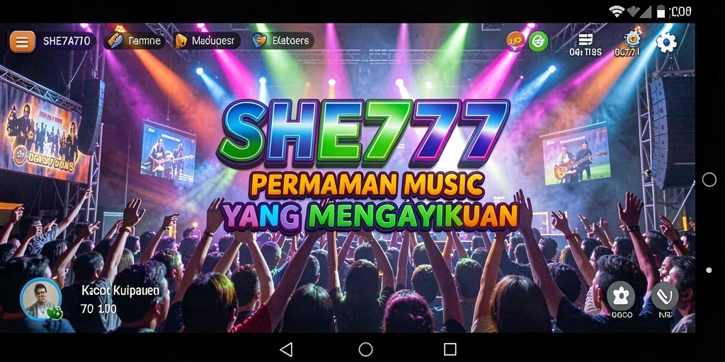 Screenshot utama SHE777 menampilkan gameplay yang dinamis dan penuh musik.
