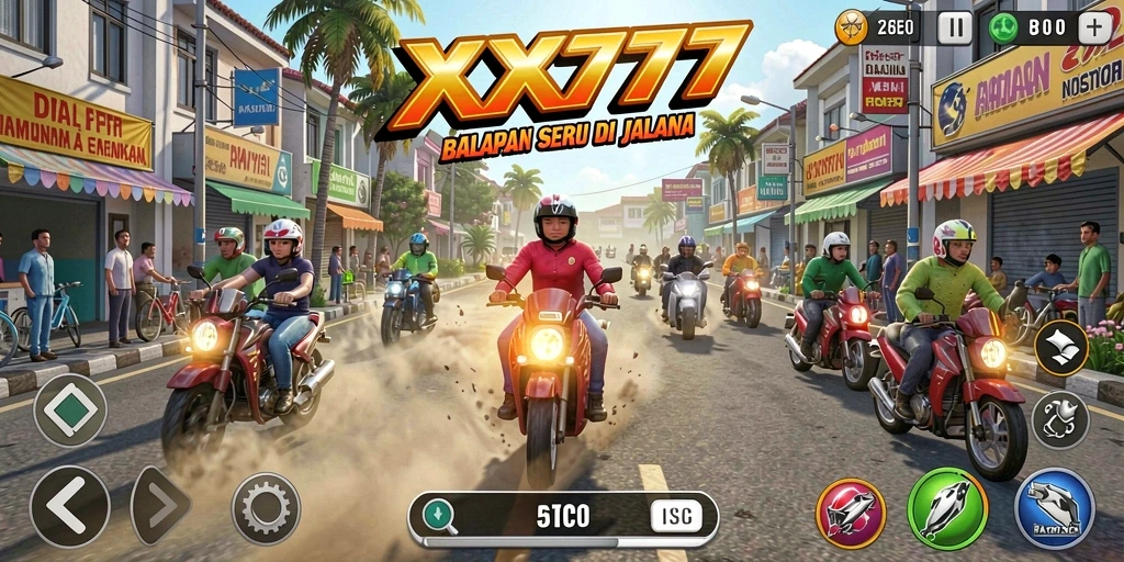 Tampilan gameplay XXX777 yang mendebarkan di jalur balapan.